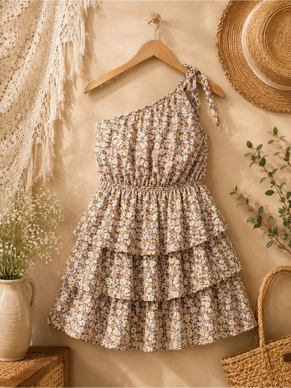 PrettyGarden One Shoulder Mini Dress S Floral Tiered Cottagecore Summer